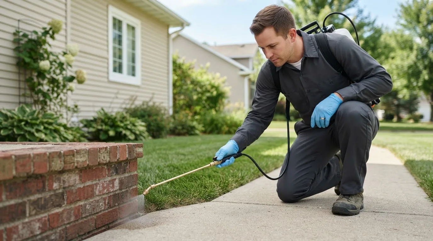 Pest control technician treating a home near Lampasas, TX